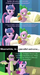 Size: 1920x3540 | Tagged: safe, artist:red4567, derpibooru import, spike, twilight sparkle, twilight sparkle (alicorn), alicorn, dragon, pony, unicorn, 3d, alternate universe, aside glance, beard, comic book, couch, facial hair, female, filly, filly twilight sparkle, glasses, looking at you, older, older spike, role reversal, sfm pony, sideways glance, source filmmaker, spike day, twilight is not amused, unamused, unicorn twilight, winged spike, younger