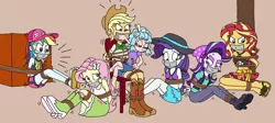 Size: 2118x945 | Tagged: safe, artist:bugssonicx, derpibooru import, applejack, cozy glow, fluttershy, rainbow dash, rarity, starlight glimmer, sunset shimmer, equestria girls, angry, arm behind back, bondage, bound and gagged, cap, chair, clothes, crying, equestria girls-ified, female, gag, hat, midriff, rope, rope bondage, sandals, sarong, scared, skirt, sun hat, swimsuit, tanktop, tape, tape gag, tied to chair, tied up
