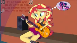 Size: 1923x1079 | Tagged: safe, artist:jcpreactyt, derpibooru import, sci-twi, sunset shimmer, twilight sparkle, equestria girls, cute, female, girlfriend, guitar, lesbian, locked away, music, musical instrument, r. city, scitwishimmer, shimmerbetes, shipping, song reference, sunsetsparkle, thought bubble, twiabetes