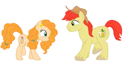 Size: 3977x2051 | Tagged: safe, artist:three uncle, derpibooru import, bright mac, pear butter, earth pony, pony, the perfect pear, brightbutter, cowboy hat, dancing, eye contact, female, flower, flower in hair, hat, husband and wife, looking at each other, male, mare, mouth hold, shipping, simple background, smiling, stallion, straight, transparent background