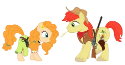Size: 4089x2146 | Tagged: safe, alternate version, artist:three uncle, derpibooru import, bright mac, pear butter, earth pony, pony, the perfect pear, bandana, brightbutter, cowboy, cowboy hat, dancing, eye contact, female, flower, flower in hair, gun, handgun, hat, husband and wife, looking at each other, male, mare, mouth hold, revolver, rifle, shipping, shotgun, simple background, smiling, stallion, straight, straw in mouth, transparent background, weapon