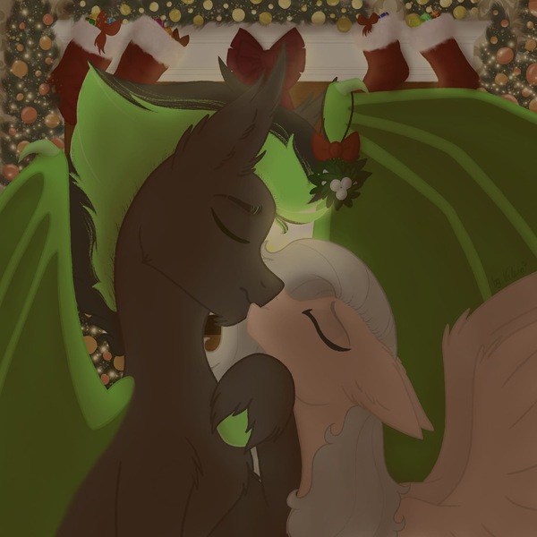 Size: 2048x2048 | Tagged: safe, artist:lunathemoongod, derpibooru import, oc, oc:envy dio, unofficial characters only, bat pony, pegasus, pony, bat pony oc, bat wings, christmas, christmas stocking, clothes, commission, couple, cute, eyes closed, female, fire, fireplace, floppy ears, happy, hearth's warming, holiday, hooves, kissing, large wings, love, male, mare, mistletoe, new year, oc x oc, pegasus oc, romance, shipping, socks, spread wings, stallion, stockings, straight, thigh highs, wings