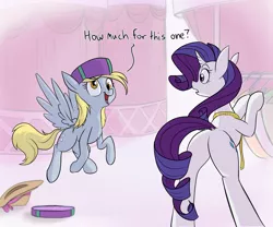 Size: 2400x2000 | Tagged: safe, artist:rocket-lawnchair, derpibooru import, derpy hooves, rarity, pegasus, pony, unicorn, butt, cute, derpabetes, derpy being derpy, hat, indoors, plot, present, raribetes, silly, silly pony