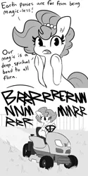 Size: 3000x6000 | Tagged: safe, artist:tjpones, derpibooru import, oc, oc:brownie bun, unofficial characters only, earth pony, pony, comic, dialogue, grass, irony, lawn mower, monochrome, mowing, sitting, smiling, solo