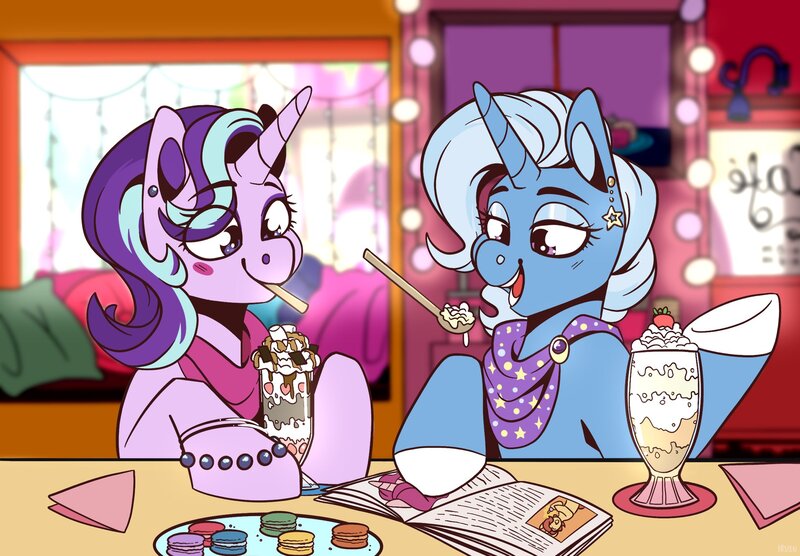 Size: 2048x1423 | Tagged: safe, artist:lrusu, derpibooru import, starlight glimmer, trixie, pony, unicorn, blushing, bracelet, clothes, colored hooves, cookie, duo, ear piercing, earring, eye clipping through hair, female, food, ice cream, jewelry, lidded eyes, macaron, magazine, magic, mare, mouth hold, open mouth, piercing, scarf, smiling, spoon, sundae, telekinesis