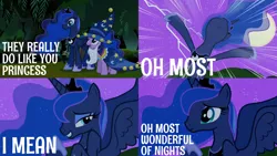 Size: 2000x1125 | Tagged: safe, derpibooru import, edit, edited screencap, editor:quoterific, screencap, princess luna, twilight sparkle, alicorn, pony, unicorn, luna eclipsed, clothes, costume, female, mare, star swirl the bearded costume, traditional royal canterlot voice, unicorn twilight