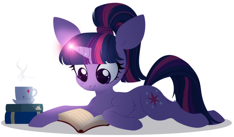 Size: 4000x2342 | Tagged: safe, artist:belka-sempai, derpibooru import, twilight sparkle, pony, unicorn, alternate hairstyle, book, chest fluff, cute, glowing horn, high res, horn, leg fluff, lying down, magic, mug, ponytail, prone, reading, simple background, solo, transparent background, twiabetes, unicorn twilight