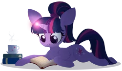 Size: 4000x2342 | Tagged: safe, artist:belka-sempai, derpibooru import, twilight sparkle, pony, unicorn, alternate hairstyle, book, chest fluff, cute, glowing horn, high res, horn, leg fluff, lying down, magic, mug, ponytail, prone, reading, simple background, solo, transparent background, twiabetes, unicorn twilight