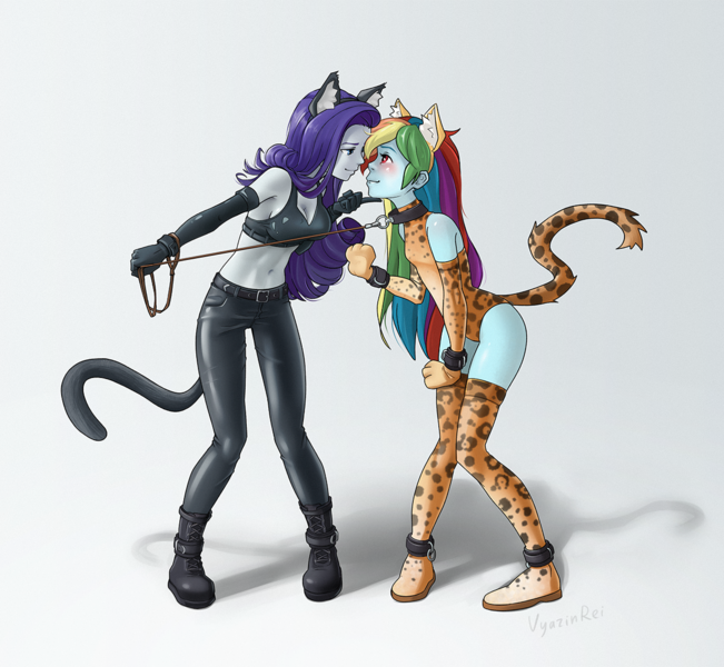 Size: 1171x1080 | Tagged: suggestive, artist:vyazinrei, derpibooru import, rainbow dash, rarity, equestria girls, ankle cuffs, blushing, bondage, bondage mitts, boots, breasts, cat ears, catsuit, clothes, collar, cosplay, costume, cuffs, dashsub, evening gloves, female, femsub, gloves, jeans, leash, leather, leather boots, leotard, lesbian, long gloves, looking into each others eyes, pants, paw gloves, pet play, raridash, raridom, shipping, shoes, submissive