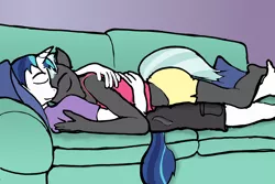 Size: 1066x713 | Tagged: safe, artist:nastipone, derpibooru import, shining armor, thunderlane, anthro, plantigrade anthro, clothes, couch, eyes closed, gay, male, shorts, tanktop
