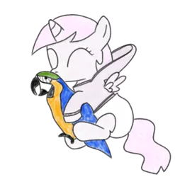 Size: 2588x2616 | Tagged: safe, artist:millifoal, derpibooru import, princess celestia, bird, macaw, parrot, pony, cewestia, clothes, diaper, female, filly, foal, hoodie, plushie, younger