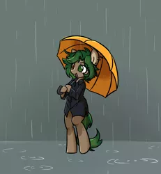 Size: 1306x1414 | Tagged: safe, artist:spheedc, derpibooru import, oc, oc:ame, unofficial characters only, earth pony, pony, semi-anthro, unicorn, bipedal, clothes, digital art, female, mare, rain, simple background, umbrella