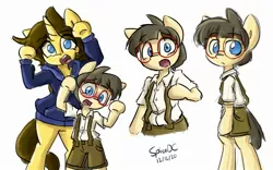 Size: 2364x1477 | Tagged: safe, artist:spheedc, derpibooru import, oc, oc:dream chaser, oc:sphee, unofficial characters only, earth pony, pony, semi-anthro, unicorn, bipedal, clothes, colt, digital art, female, glasses, male, mare, rule 63, simple background, white background