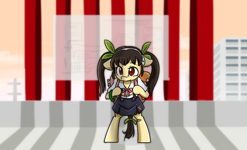 Safe Artist Spheedc Derpibooru Import Oc Ponified Unofficial Characters Only Earth Pony Pony Semi Anthro Backpack Bakemonogatari Bandaid Bipedal Clothes Digital Art Female Filly Mayoi Hachikuji Monogatari Series Twibooru