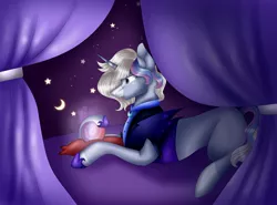 Size: 1080x801 | Tagged: safe, artist:rxndxm.artist, derpibooru import, oc, unofficial characters only, pony, unicorn, commission, crescent moon, crystal ball, hoof shoes, horn, indoors, lying down, moon, prone, solo, stars, unicorn oc, ych result