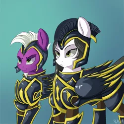 Size: 2000x2000 | Tagged: safe, artist:vell221, derpibooru import, oc, oc:captain inclement, oc:sky fury, unofficial characters only, pegasus, pony, armor, blue background, boots, clothes, commission, duo, female, gloves, guard, helmet, mare, royal guard, shoes, simple background