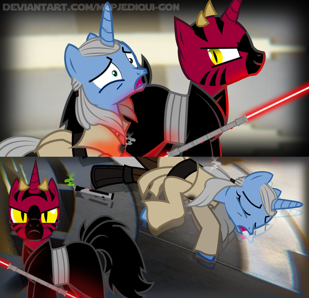 Size: 1920x1852 | Tagged: semi-grimdark, artist:mlpjediqui-gon, derpibooru import, oc, ponified, pony, unicorn, zabrak, magic duel, the crystal empire, darth maul, dead, death, double lightsaber, duel of the fates, jedi, jedi master, lightsaber, naboo, obi wan kenobi, qui-gon jinn, sith, stabbing, star wars, the phantom menace, weapon