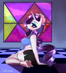 Size: 2996x3324 | Tagged: suggestive, artist:cali luminos, derpibooru import, rarity, anthro, plantigrade anthro, unicorn, barefoot, breasts, clothes, cute, feet, female, fishnets, miniskirt, model, sexy, skirt, socks, solo, solo female, stockings, thigh highs, tongue out