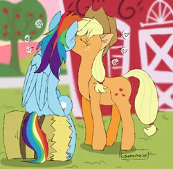 Size: 2216x2160 | Tagged: safe, artist:lowname, derpibooru import, applejack, rainbow dash, earth pony, pegasus, pony, apple, apple tree, appledash, barn, eyes closed, female, food, freckles, hat, hay bale, kissing, lesbian, mare, outdoors, shipping, signature, sitting, tree