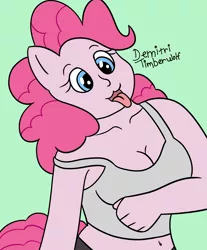 Size: 2900x3500 | Tagged: safe, artist:demitri, derpibooru import, pinkie pie, anthro, :3, belly button, breasts, busty pinkie pie, cleavage, collarbone, cute, diapinkes, open mouth, signature, solo, tongue out, wingding eyes