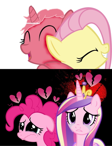 Size: 1900x2473 | Tagged: safe, artist:muhammad yunus, derpibooru import, fluttershy, pinkie pie, princess cadance, alicorn, earth pony, pegasus, pony, aelita schaeffer, code lyoko, crossover, crying, cute, diapinkes, eyes closed, female, happy, heartbreak, lost, mare, open mouth, sad, teeth