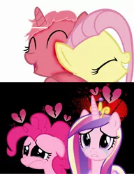 Size: 1900x2473 | Tagged: safe, artist:muhammad yunus, derpibooru import, fluttershy, pinkie pie, princess cadance, alicorn, earth pony, pegasus, pony, aelita schaeffer, code lyoko, crossover, crying, cute, diapinkes, eyes closed, female, happy, heartbreak, lost, mare, open mouth, sad, teeth