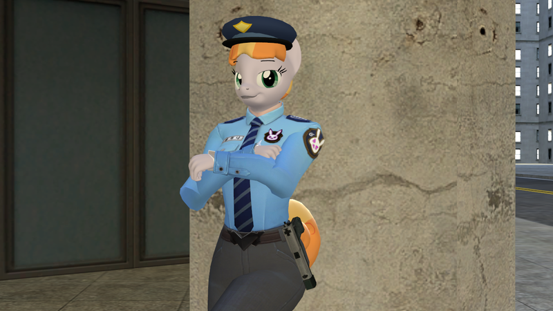 Size: 1280x720 | Tagged: 3d, anthro, artist:superstar17, clothes, copper top, crossed arms, derpibooru import, female, gun, handgun, pistol, police, police officer, police pony, police uniform, safe, sfm pony, smiling, smiling at you, solo, source filmmaker, uniform, weapon