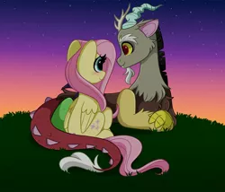 Size: 4096x3505 | Tagged: safe, artist:kittyrosie, derpibooru import, discord, fluttershy, draconequus, pegasus, blushing, cute, duo, female, heart, high res, image, jpeg, lying down, male, night, prone, redraw, sitting, stars, sunset