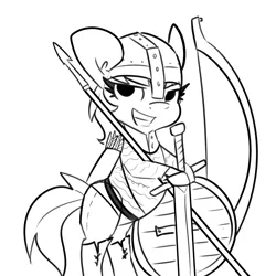 Size: 3000x3000 | Tagged: safe, artist:tjpones, derpibooru import, rainbow dash, pegasus, pony, armor, arrows, bipedal, bipedal leaning, black and white, bow (weapon), chainmail, female, grayscale, helmet, leaning, mare, monochrome, shield, simple background, smiling, smirk, solo, spear, sword, weapon, white background