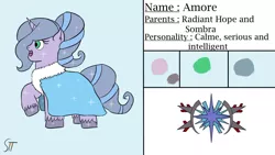 Size: 1280x720 | Tagged: safe, artist:schumette14, derpibooru import, oc, oc:amore, crystal pony, unicorn, first design, offspring, parent:king sombra, parent:radiant hope, parents:hopebra, reference sheet