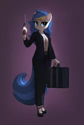 Size: 1600x2400 | Tagged: safe, artist:freeedon, derpibooru import, oc, oc:bluecode, anthro, earth pony, clothes, female, gun, handgun, revolver, solo, suit, suitcase, weapon