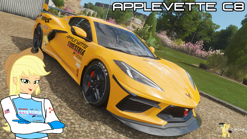 Size: 3840x2160 | Tagged: safe, artist:forzaveteranenigma, derpibooru import, applejack, human, fanfic:equestria motorsports, equestria girls, chevrolet, chevrolet corvette, corvette c8, crossed arms, forza horizon 4, general motors, looking at you, photo, racing suit, read description, self promotion, smiling, youtube channel, youtube link in the description