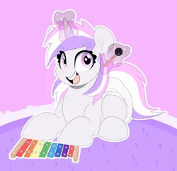 Size: 3671x3535 | Tagged: safe, artist:duckie, derpibooru import, oc, oc:glam rock, pony, unicorn, abdl, adult foal, diaper, diaper fetish, eye clipping through hair, eyebrows, eyebrows visible through hair, female, fetish, mallet, mare, musical instrument, open mouth, smiling, solo, xylophone