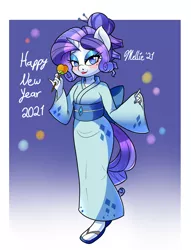Size: 1300x1700 | Tagged: safe, artist:melliedraws, derpibooru import, rarity, anthro, 2021, clothes, happy new year, holiday, kimono (clothing), new year, solo