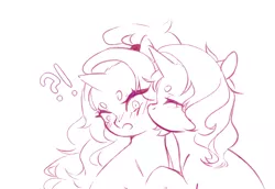 Size: 1301x896 | Tagged: safe, artist:stummm, derpibooru import, adagio dazzle, sunset shimmer, ponified, pony, unicorn, blushing, equestria girls ponified, female, kiss on the cheek, kissing, lesbian, shipping, sketch, sunsagio