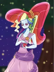 Size: 823x1092 | Tagged: safe, artist:vibrantwishes, derpibooru import, rainbow dash, equestria girls, alternate hairstyle, apple, clothes, dress, female, food, hercules, megara, megaradash, night, outdoors, rainbow dash always dresses in style, solo, stars