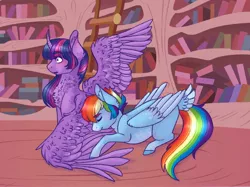 Size: 2732x2048 | Tagged: safe, artist:mervielle3, derpibooru import, rainbow dash, twilight sparkle, twilight sparkle (alicorn), alicorn, pegasus, pony, blushing, curved horn, female, golden oaks library, grooming, horn, lesbian, library, mare, preening, shipping, twidash, wide eyes