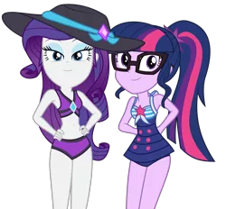 Size: 7984x7422 | Tagged: safe, artist:alandssparkle, derpibooru import, rarity, sci-twi, twilight sparkle, equestria girls, equestria girls series, forgotten friendship, bedroom eyes, belly button, bikini, clothes, cute, duo, duo female, female, glasses, hairpin, hands behind back, hands on hip, hat, lidded eyes, looking at you, ponytail, raribetes, simple background, sun hat, swimsuit, transparent background, twiabetes, vector