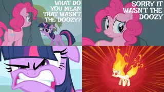 Size: 2000x1125 | Tagged: safe, derpibooru import, edit, edited screencap, editor:quoterific, screencap, pinkie pie, twilight sparkle, earth pony, pony, unicorn, feeling pinkie keen, angry, female, mane of fire, mare, rapidash twilight, unicorn twilight