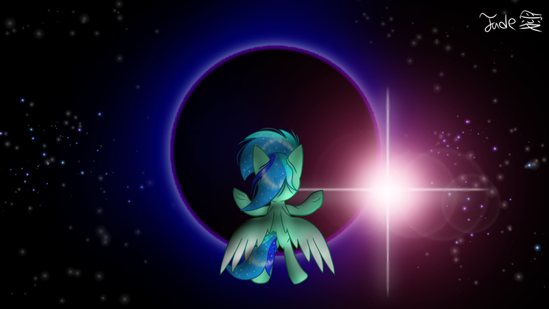 Size: 2000x1125 | Tagged: safe, artist:jadebreeze115, derpibooru import, oc, oc:jade breeze, unofficial characters only, pegasus, pony, bipedal, black hole, colored wings, dramatic, flying, gradient wings, hooves up, looking back, male, reference, solo, space, stallion, stars, sun, wings