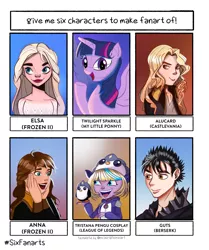 Size: 3000x3582 | Tagged: safe, artist:hello_imduck, derpibooru import, trixie, twilight sparkle, twilight sparkle (alicorn), alicorn, bird, human, penguin, pony, six fanarts, alucard (castlevania), anna, berserk, bust, castlevania, clothes, cosplay, costume, crossover, elsa, female, frozen (movie), hat, male, mare, open mouth, raised hoof, rule 63, smiling, tristan, underhoof