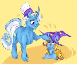 Size: 1280x1070 | Tagged: safe, artist:mareshire, derpibooru import, jack pot, trixie, pony, unicorn, curved horn, father and child, father and daughter, female, filly, filly trixie, horn, male, stallion, younger