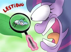 Size: 1380x1014 | Tagged: safe, artist:banebuster, derpibooru import, princess celestia, twilight sparkle, insect, ladybug, pony, series:tiny tia, coccinellidaephobia, cute, cutelestia, fear, glowing horn, horn, horrified, leaf, magnifying glass, open mouth, smiling, species swap, twilight hates ladybugs, waving, wild take