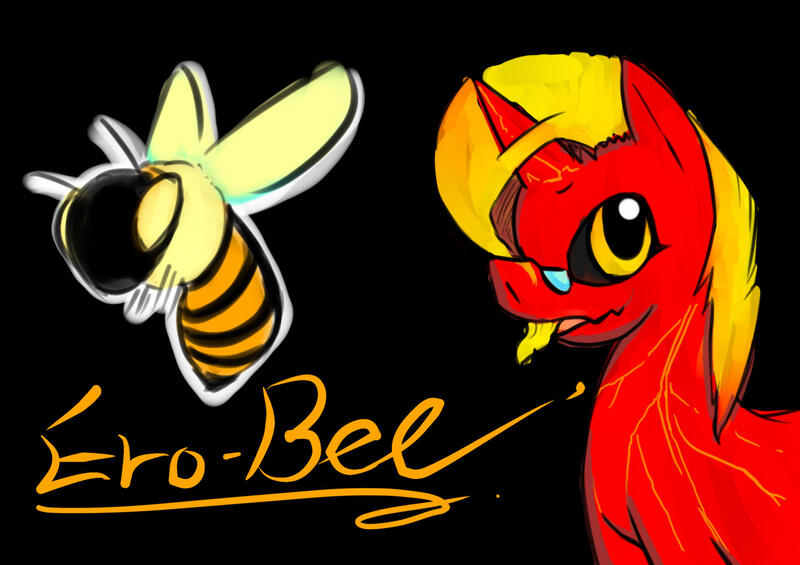 Size: 1606x1134 | Tagged: safe, artist:ero-bee, derpibooru import, oc, oc:ero-bee, unofficial characters only, bee, insect, pony, unicorn, 2015, black background, glasses, horn, signature, simple background, tongue out, unicorn oc