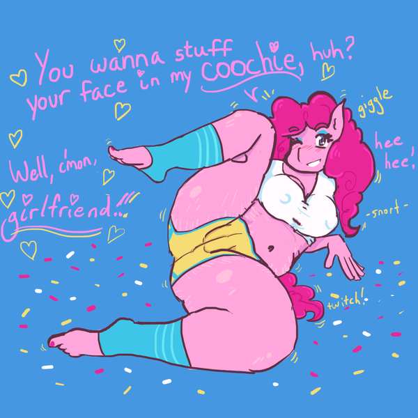 Size: 1000x1000 | Tagged: suggestive, artist:buriedpoor, derpibooru import, pinkie pie, anthro, earth pony, belly button, breasts, chubbie pie, chubby, clothes, confetti, erect nipples, fat, feet, female, image, lesbian, lick my pussy, looking at you, lying down, midriff, nipple outline, one eye closed, png, ponk, pudgy pie, shirt, shorts, side, socks, solo, speech bubble, spread legs, spreading, stretchmarks, thighs, thunder thighs, toes, wink, winking at you