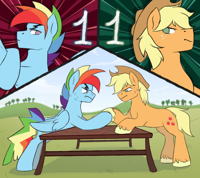 Size: 1280x1138 | Tagged: safe, artist:renka2802, derpibooru import, applejack, rainbow dash, earth pony, pony, applejack (male), applejack's hat, arm wrestling, cowboy hat, digital art, hat, my little pony, rainbow blitz, rule 63