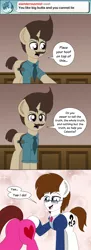 Size: 2500x6885 | Tagged: safe, artist:aarondrawsarts, derpibooru import, oc, oc:brain teaser, oc:rose bloom, earth pony, unicorn, ask, ask brain teaser, blushing, brainbloom, butt, butt touch, clothes, dialogue, eyes on the prize, female, hoof on butt, lawyer, male, oc x oc, police, shipping, straight, suit, tumblr