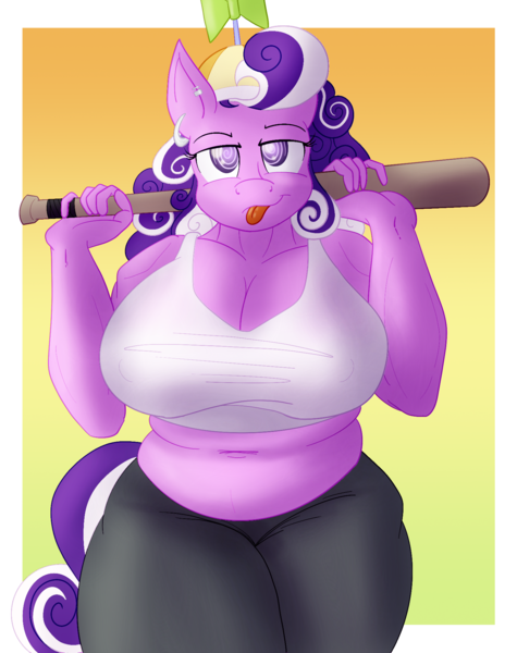 Size: 1500x1896 | Tagged: suggestive, artist:sixes&sevens, derpibooru import, screwball, anthro, abstract background, baseball bat, big breasts, breasts, chubby, clothes, ear piercing, earring, female, hat, huge breasts, jewelry, midriff, piercing, propeller hat, solo, solo female, tanktop, tongue out