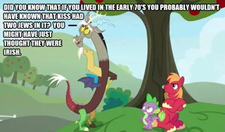 Size: 851x500 | Tagged: safe, artist:thor-disciple, derpibooru import, edit, edited screencap, screencap, big macintosh, discord, spike, earth pony, pony, the big mac question, kiss (band)