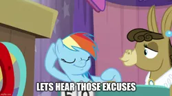 Size: 888x499 | Tagged: safe, derpibooru import, edit, edited screencap, screencap, matilda, rainbow dash, donkey, pony, a trivial pursuit, caption, hulk hogan, image macro, meme, rainbow dash is best facemaker, sports, text, wrestling, wwe